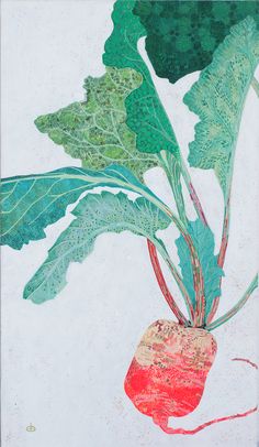 a painting of a radishes plant with green leaves