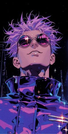 an anime character with purple hair and sunglasses