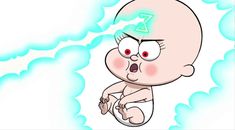 an animated baby with the letter z on it's forehead and eyes, sitting in front of blue clouds