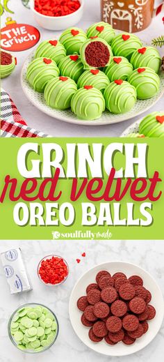 green velvet oreo balls on a table with other desserts