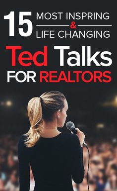 a woman standing in front of a microphone with the words ted talks for realtors