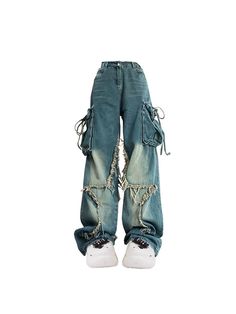 These Pants feature a large raw edge design that connects both legs to form a full star. The faded color and large cargo pockets add a bold and edgy look. Loose fit Elastic waist with belt hoops Fits true to size (U.S. women's size) High Waist Grunge Cargo Jeans For Streetwear, High Waist Grunge Cargo Jeans, Punk Style Distressed Wide Leg Bottoms, Distressed Wide Leg Punk Bottoms, Punk Wide-leg Distressed Bottoms, High-waist Distressed Cargo Jeans For Streetwear, Edgy High Waist Cargo Jeans For Streetwear, Edgy High-waist Cargo Jeans For Streetwear, Punk Style Distressed Baggy Bottoms