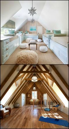 there are two pictures of the inside of a house with wood floors and white walls