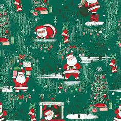 a green and red christmas pattern with santa clause