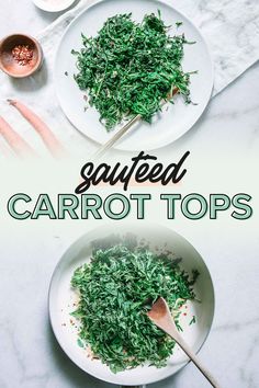 two plates filled with carrot tops on top of a table