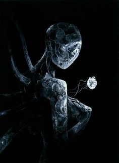 an alien is standing in the dark with its head turned to look like it's holding a flower