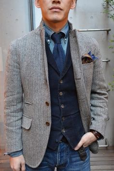 Tweed Tuxedo, A Man In A Suit, Man In A Suit, Herringbone Jacket, Blue Denim Shirt, Grey Jacket, Men Suit