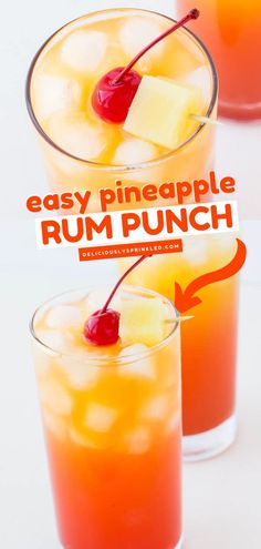 an easy pineapple rum punch recipe in two glasses with cherries on the rim