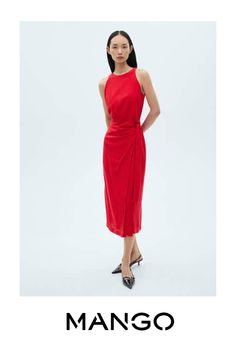 Back closure, Linen mix, Light fabric, Midi design, Straight design, Rounded neck, Sleeveless, Zip fastening on the back section, Knot detail at the front, Lining only, Long design Red Mango, Midi Design, Suwon, Red Midi Dress, Womens Midi Dresses, Day Dresses, Linen Blend, Red Color, Light Fabric