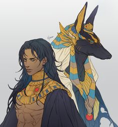 an egyptian woman with long black hair standing next to another person in front of two animals