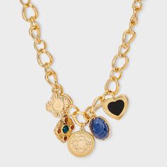 Give a boost of color and style to your accessories collection with the 5 Multicolored Charm Necklace with Cubic Zirconia Extender from A New Day™. This gold-tone necklace features a large cable chain with five charms in assorted designs, shapes and colors. Complete with a lobster-claw clasp closure and an extender chain with cubic zirconia accent, this necklace is a standout piece. A New Day™: Style that goes wherever you do. Statement Charm Necklace, Good Necklaces, Colorful Gold Jewelry, Chunky Charm Necklace, Outfits Hawaii, Maximalist Jewelry, Stationary Business, Charms Necklaces, Fall Necklace