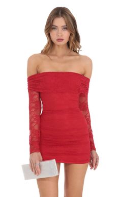 Off Shoulder Long Sleeve Lace Dress in Red | LUCY IN THE SKY