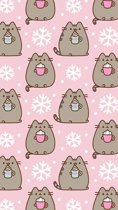 a pink background with pusho the pusho cat drinking coffee and snowflakes