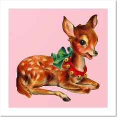 a painting of a baby deer wearing a red collar and green bow on it's neck