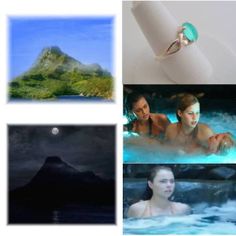 four different pictures with some people in the water and one has a ring on it