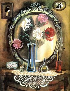 a painting of flowers in a vase on a table next to a mirror and other items