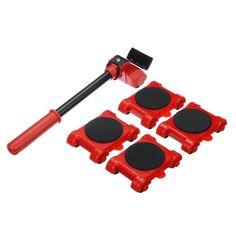 four red and black pieces of plastic with a hammer on the top one piece is broken