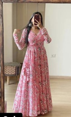 Ladies Long Frock Designs, Lehenga With Long Kurta Indian Weddings, Long Frock Kurti Design, Long Frock Dress Designs, Frocks Traditional For Women, Long Georgette Dresses, Long Frocks For Women Design, Georgette Dress Long, Simple Georgette Gowns