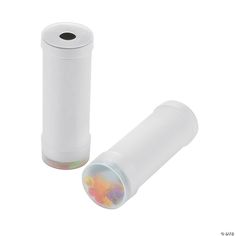 two white cylindrical plastic containers with colorful holographics on the top and bottom