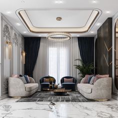 a living room filled with furniture and a chandelier hanging from the ceiling over a marble floor