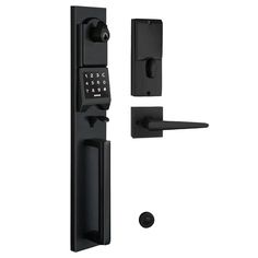 an image of a black door handle and lock on a white background with clipping for text