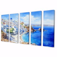 three canvases with blue water and white buildings on the shore in front of an ocean