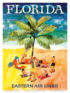 a poster with people sitting under a palm tree on the beach