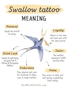 a bird flying through the air with words on it's wings and its meanings