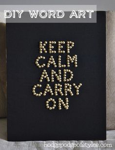 a black canvas with white beads on it and the words keep calm and carry on