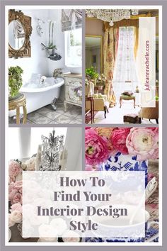 Four photos: upper left is a vintage style bathroom with clawfoot tub and ornate mirror; upper right photo is of a living room with a chandelier, chairs, and yellow draperies; lower left is a photo of roses and candles; lower right photo is blue and white vases with flowers My Home Aesthetic, Find Your Interior Design Style, Cottagecore Design, Find Your Aesthetic, Simple Questions, Room Ideas Aesthetic, Counter Decor, Couple Style, Unique Interior Design