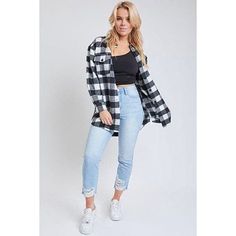 Layer our Women's Long Sleeve Plaid Oversized Shacket over your favorite go to outfits for walks in the park and lazy days inside. This shirt that doubles as a jacket features a plaid print, long sleeves, button down front closure, button-flap chest pockets, shirttail hem, and an oversized fit. Measurement (Based on size M) - Sleeve Length (From shoulder seam): 21.5 - Length: 33 - Chest: 22.5 Composition: - 44% Cotton/ 27% Rayan/ 10% Nylon/ 9% Acrylic  Machine wash cold.  Model is wearing a size Go To Outfits, Oversized Shacket, Poncho Cardigan, Knitted Cape, Lazy Days, Poncho Sweater, Fleece Coat, Long Sleeve Plaid, Pink Plaid