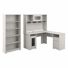 an office desk and bookcase are shown in two different positions, one is empty