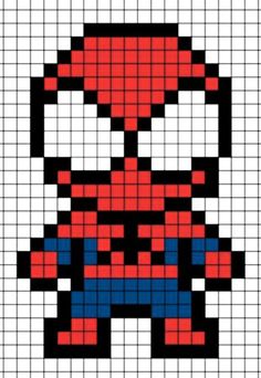 an image of spiderman from the video game pixelo cross stitched in red, white and blue