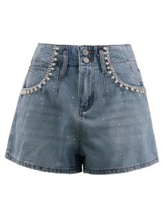 Sparkle Pearl Rhinestone Pocket Denim Shorts - SHExFAB Short Denim Shorts, High Waist Denim Shorts, Sailor Hat, High Waist Denim, Jumpsuit Outfit, Short Denim, Shorts Denim, Party Dress Short, Shorts Women