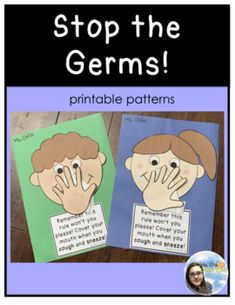 two children's handprinted cards with the words stop the germs