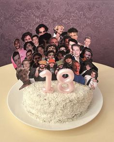 a birthday cake with the number eighteen on it, surrounded by pictures of men and women