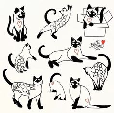 black and white drawing of cats with hearts on their chestes, one in the shape of a heart