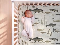 a baby is sleeping in a crib with fish on the wall behind it,