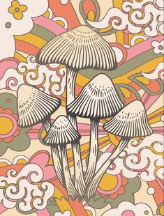 three mushrooms are sitting in the middle of a colorful background with swirls and flowers