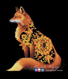 an orange and yellow beaded fox sitting on top of a black background with the words,