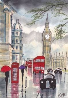 people walking in the rain with umbrellas near big ben and red double decker buses