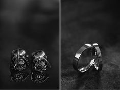 two different views of star wars rings and one with a darth vader mask on it