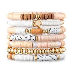 PRICES MAY VARY. Brown Stackable Bracelets: This brown surfer heishi clay bead bracelets set includes 7 unique bracelets, featuring 6 distinct compositions of gold-plated beads, polymer clay beads in brown and light pink. And an additional bracelet composed of gold-plated round beads. The dominant brown hue grounds the collection in a sense of natural beauty and style. Great Material: Our friendship bracelets are crafted with precision and style in mind, which a testament to the artistry of bead Boho Bracelet Kids, Sister Clay Bracelets, Cheap Heishi Beads For Jewelry Making, Bracelet Bead Colours, Clay Bracelets Teacher, Homemade Bracelets With Beads Clay, Heishi Bracelet Pricing, Preppy Clay Bead Bracelets Star, Polymer Clay Bead Bracelet Fire Mountain Gems And Beads