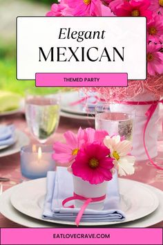 a table set with pink flowers and candles for mexican themed party menus or cards