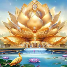 a large golden lotus flower sitting on top of a lake next to a bird and water lily