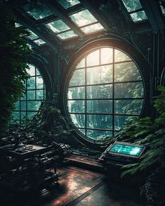 an image of a window in the middle of a room with plants growing out of it