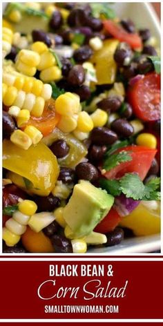 black bean and corn salad in a white bowl