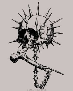 a black and white drawing of a skull with spikes on it