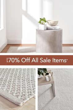 a white rug with the words 70 % off all sale items in front of it