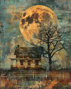 a painting of a house with a full moon in the background